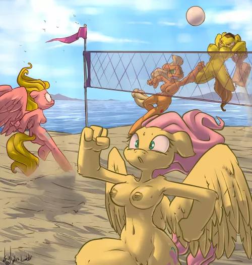 Fluttershy Applejack and two OCs play nude vollyball artist is artyl