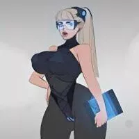 LF Color Source: 1girl, big breasts, thick eyebrows, black eyebrows, ponytail, long hair, white hair, skin tight suit, no sleeves, glasses.