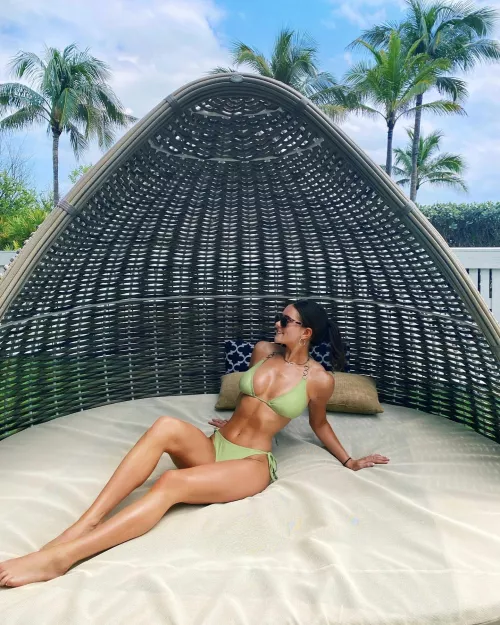 Green bikini beach brunette