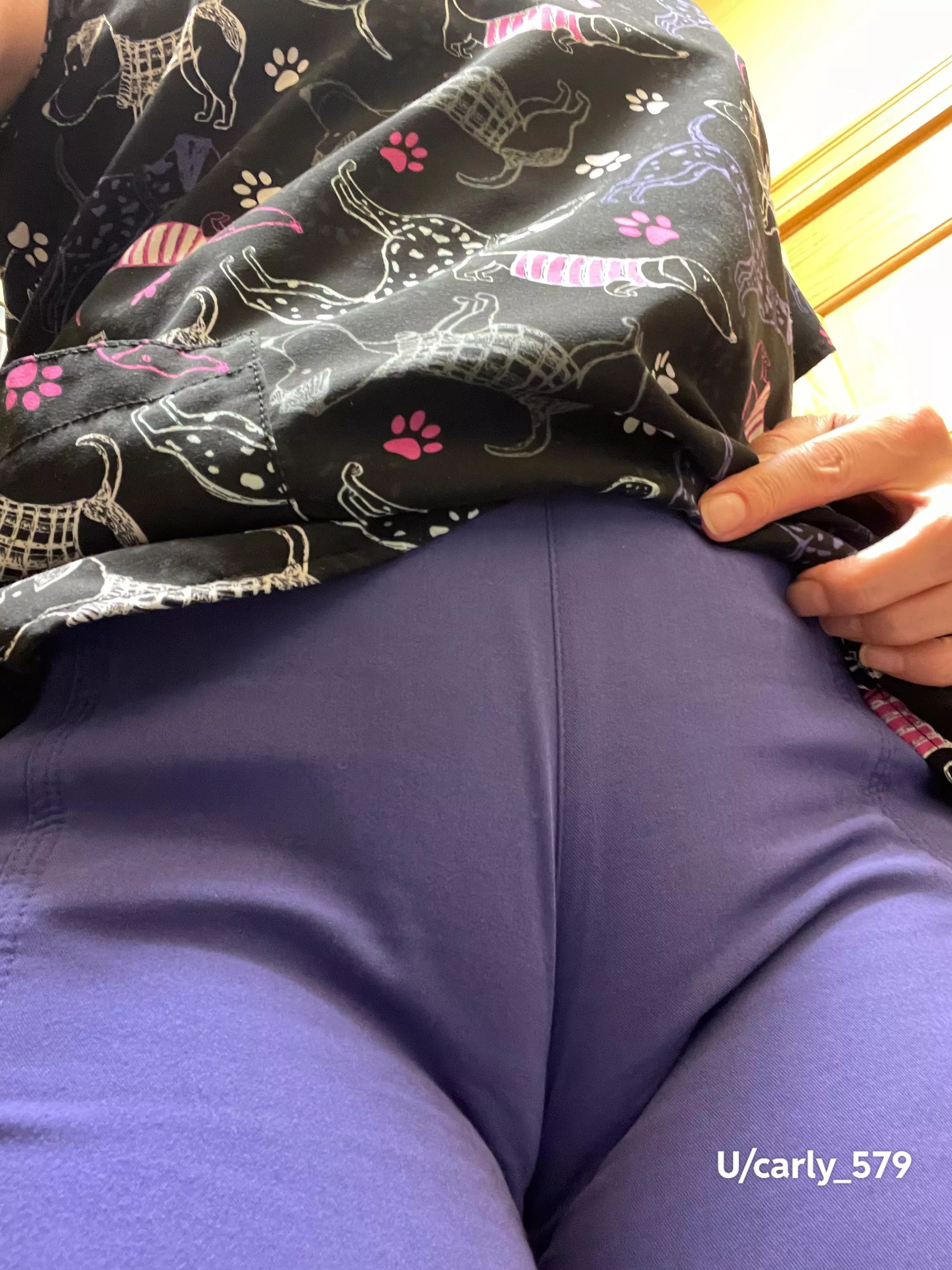 A naughty little nurse in scrubs showing her camel toe.