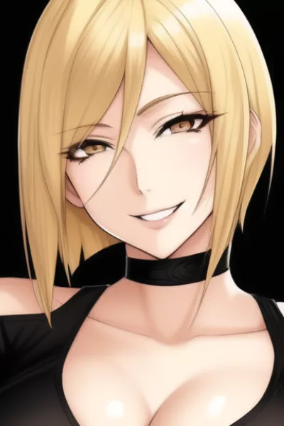 LF Color Source: blonde, yellow eyes, smiling, short hair, choker, black clothes, cleavage
