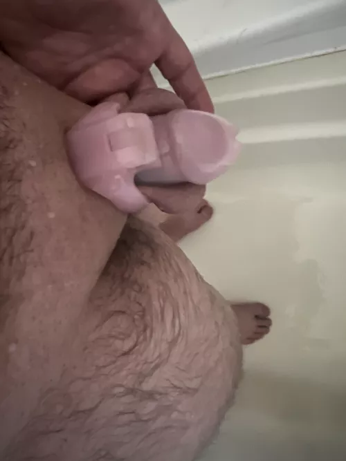 Even in the shower, cage stays on until I take it off her for cleaning