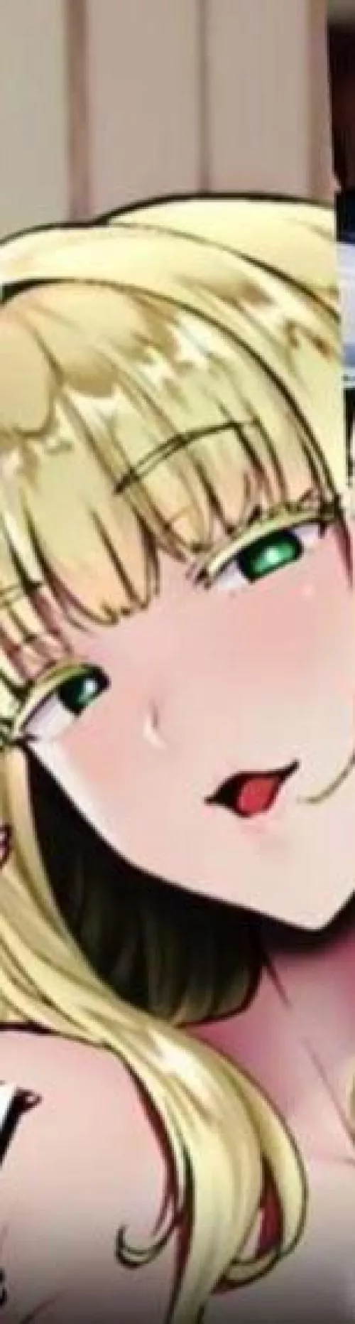 Lf color source: smug smile, blonde hair, green eyes, bust, half-open eyes, flushed face, open mouth, hair on shoulder