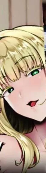 Lf color source: smug smile, blonde hair, green eyes, bust, half-open eyes, flushed face, open mouth, hair on shoulder