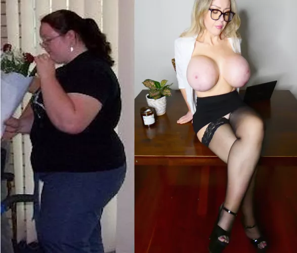 My before and after - still healing from my 4th boob job (2200cc) and looking forward to getting sluttier and more bimbotastic