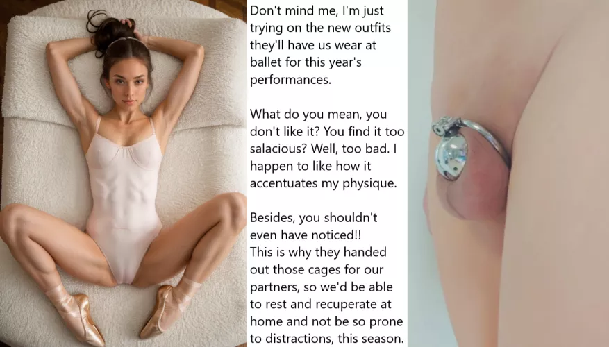 Chastity Fantasy: Caption 274. Pretty standard, as far as ballet outfits go. Don't know what his problem is.