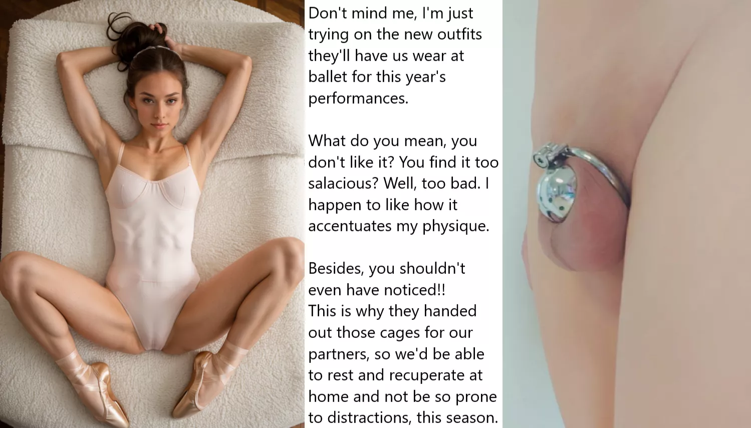 Chastity Fantasy: Caption 274. Pretty standard, as far as ballet outfits go. Don't know what his problem is.