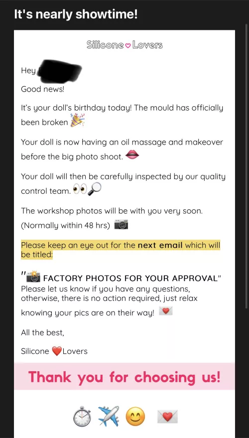 Ordered her 13 days ago. Just got word that I should have factory photos within 48 hours‼️💪🏾