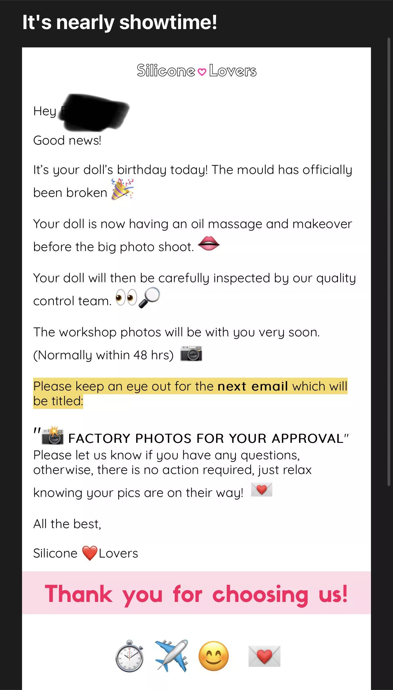 Ordered her 13 days ago. Just got word that I should have factory photos within 48 hours‼️💪🏾