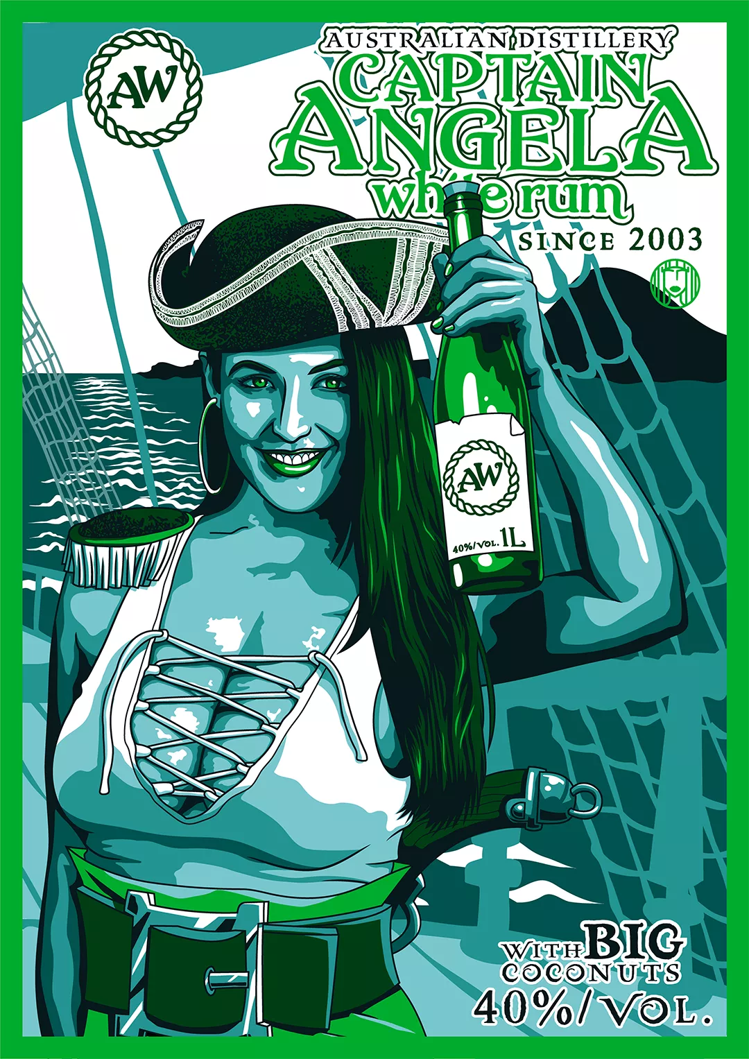 Captain Angela white rum t shirt illustration