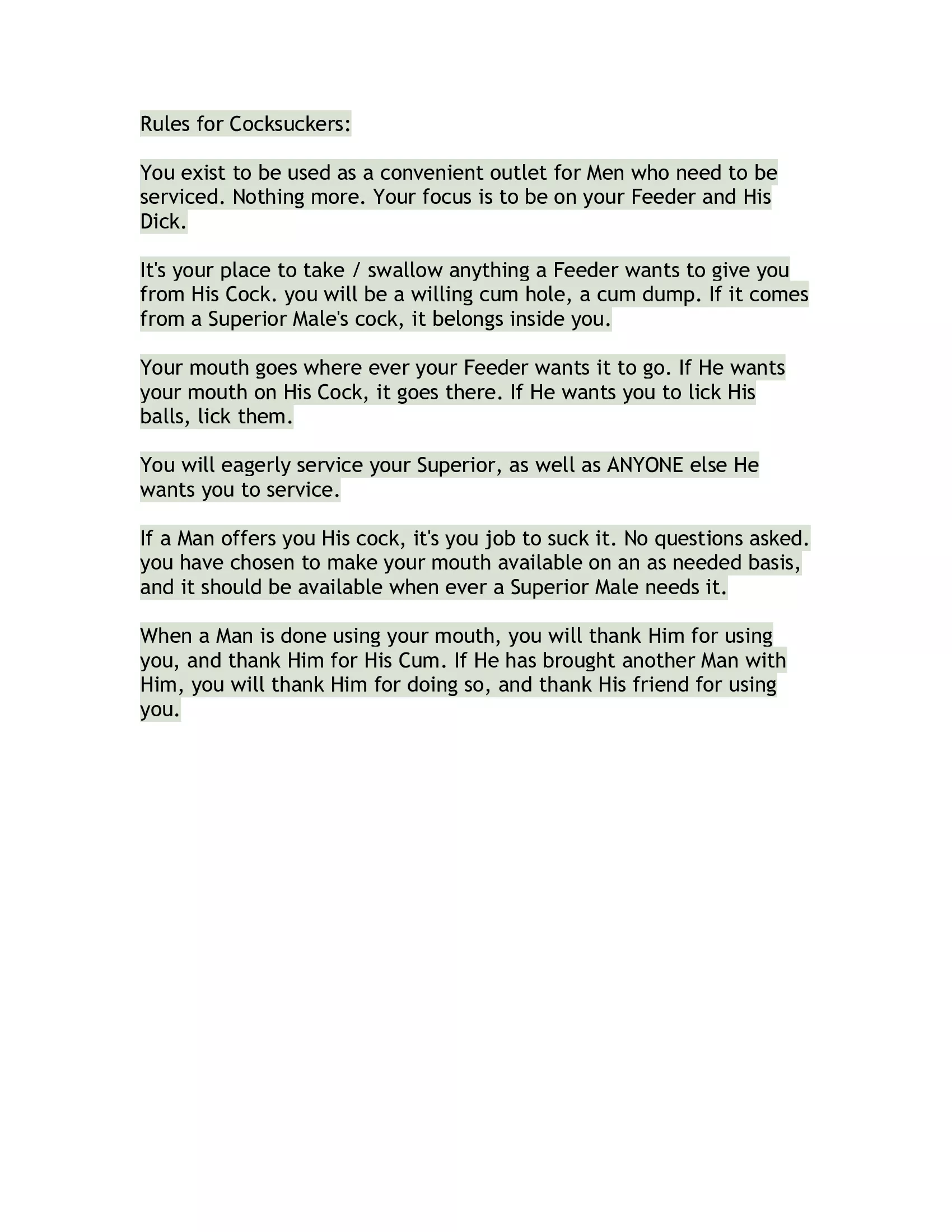 Rules for cock suckers