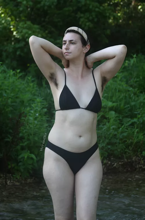 Armpit hair positive bikini fashion shoot - pale skin, dark pit hair