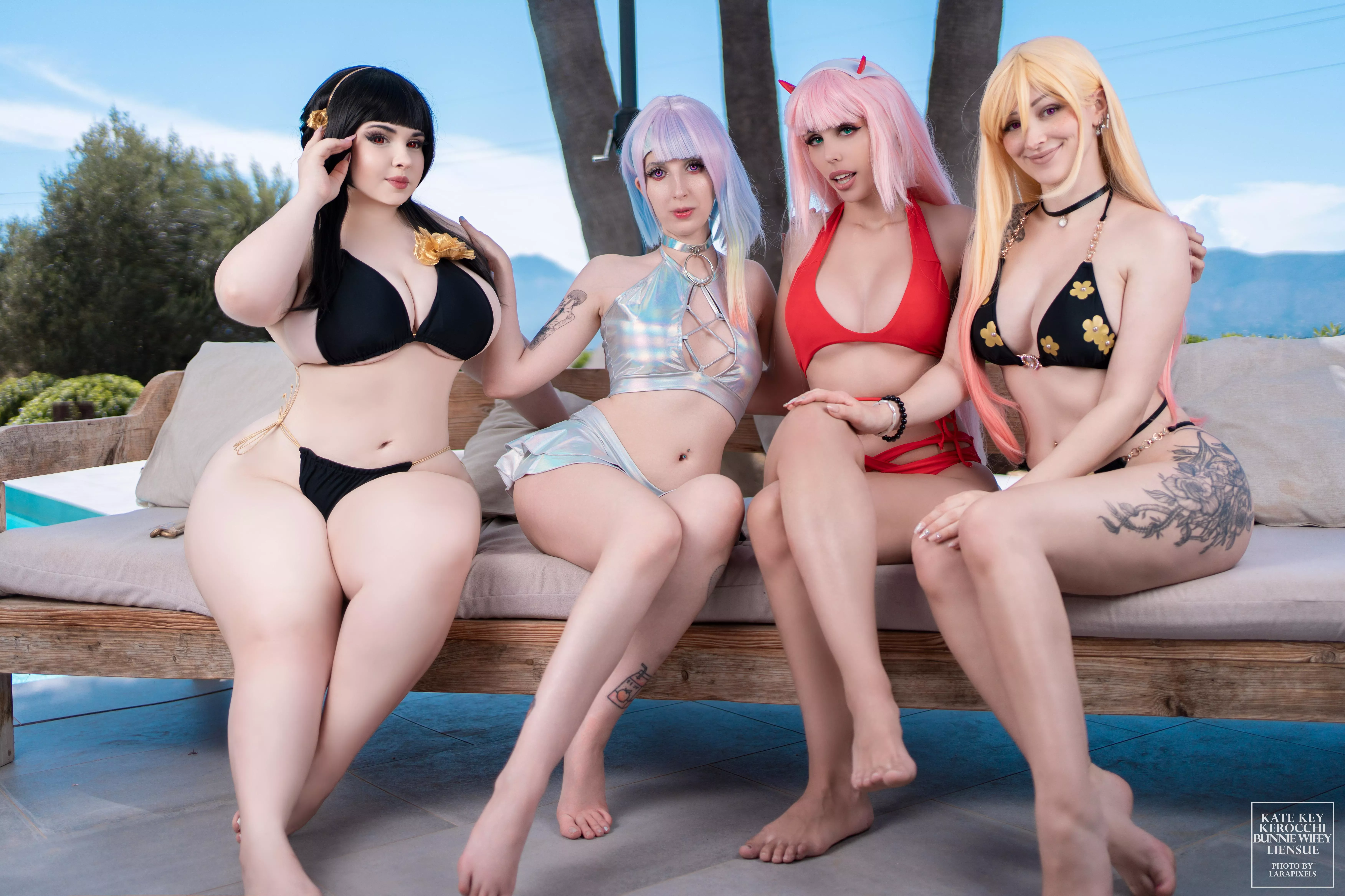 Summer Waifus! Yor Forger, Lucy, ZeroTwo and Marin crossover by Bunnie Wifey, Kerocchi, Kate Keyy and Liiensue