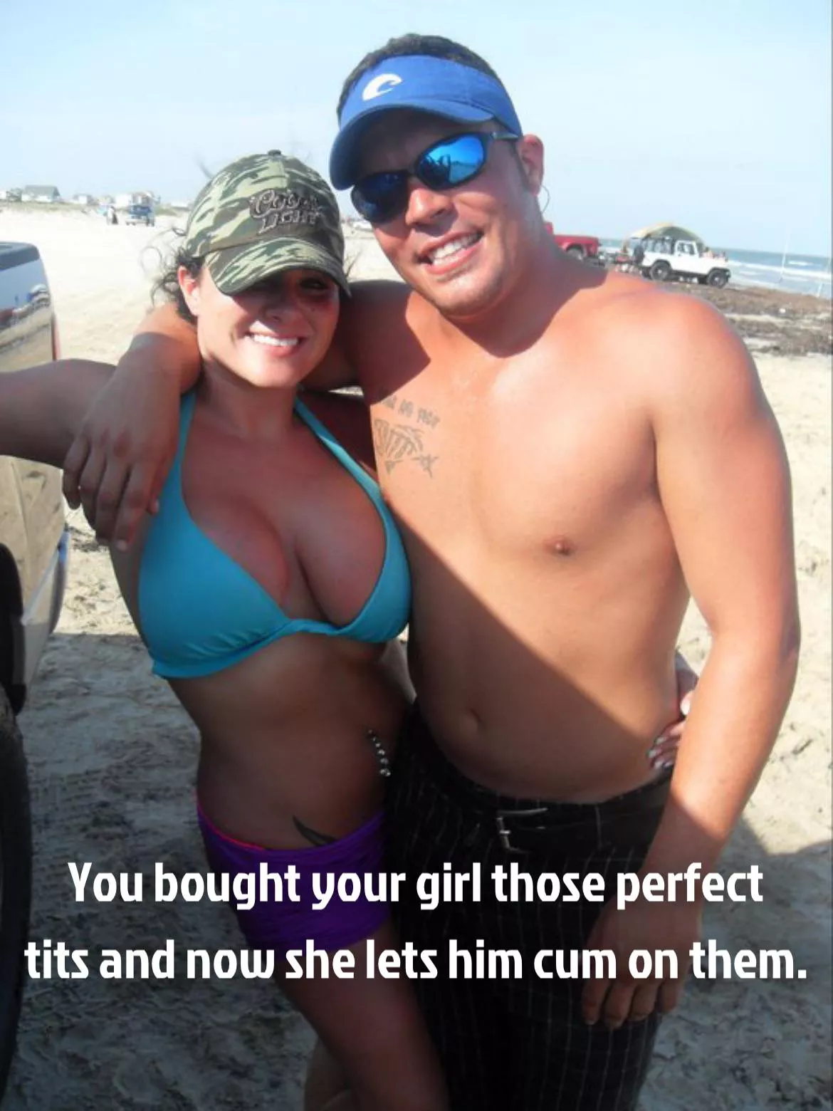 You bought your girl a nice new set of new perfect big tits and now she’s letting everyone else cum on them