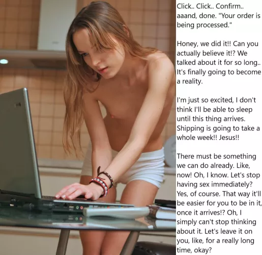 Chastity Fantasy: Caption 328. The thrill of waiting for somethig you ordered. We all know it.