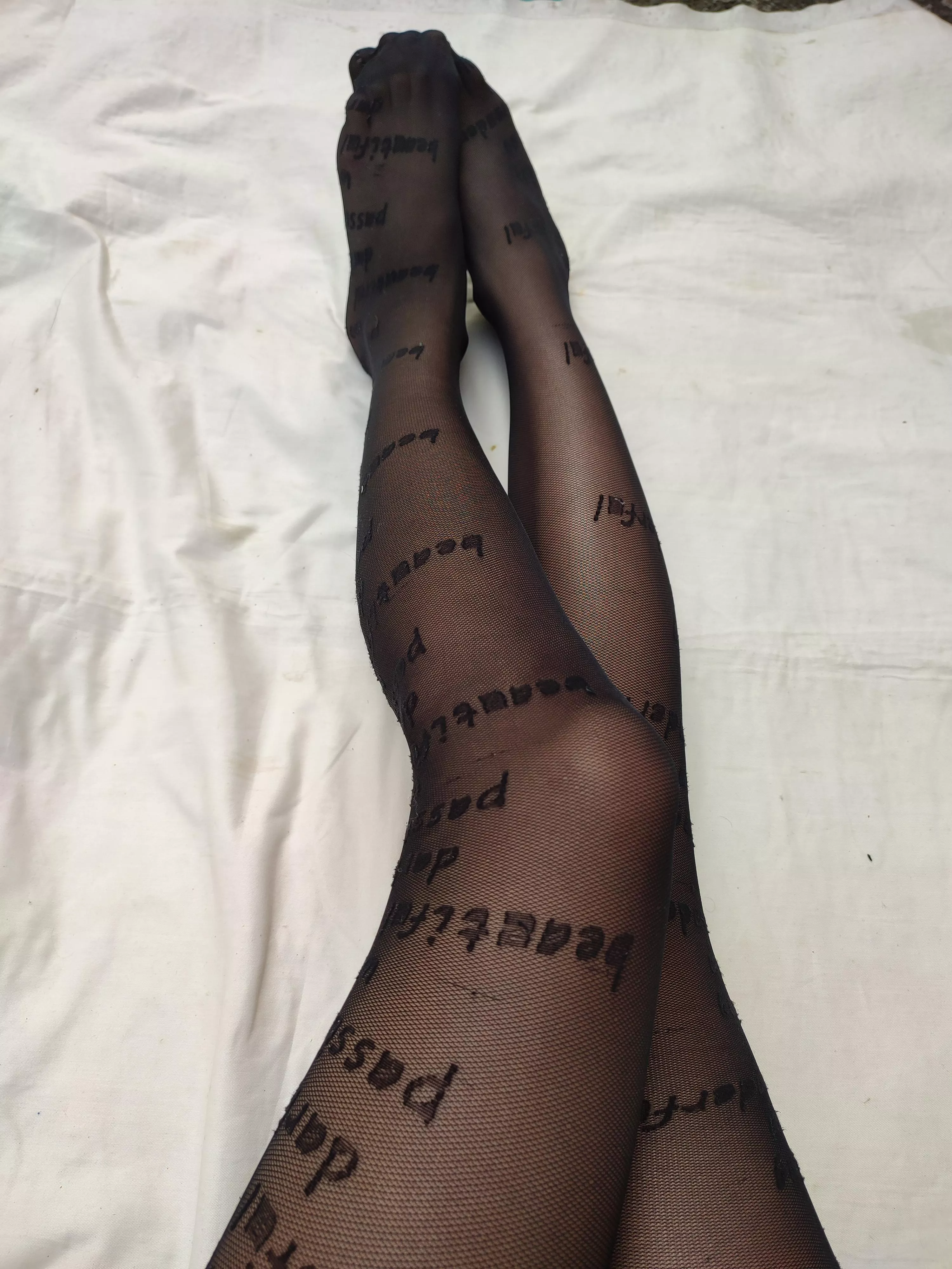 my skinny legs in black pantyhose, it's time to take off after a hard day