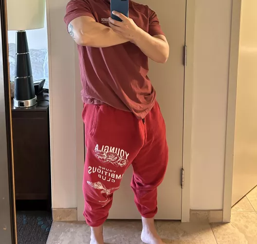 Red sweats before the gym