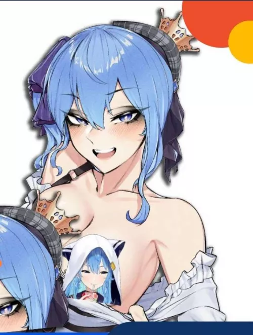 LF Color Source, 1girl, blue hair, blue eyes, white shirt, cleavage, bra, topless, vtuber, hoshimachi suisei, side ponytail, hat