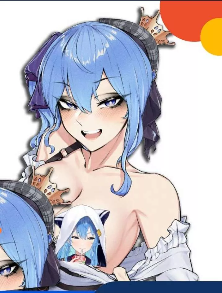 LF Color Source, 1girl, blue hair, blue eyes, white shirt, cleavage, bra, topless, vtuber, hoshimachi suisei, side ponytail, hat