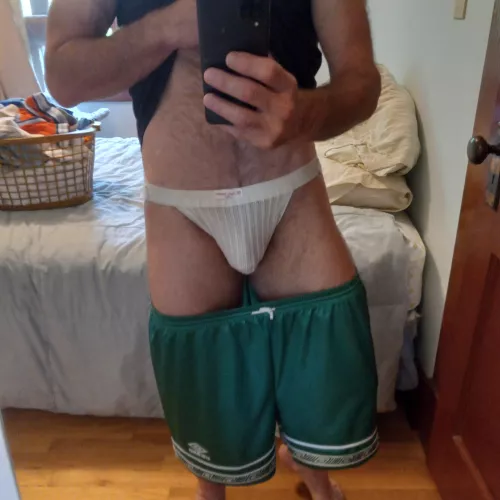 A vintage PAL Bauer & Black swimmer with some 80s/90s Umbro soccer shorts and off to the Planet Fitness