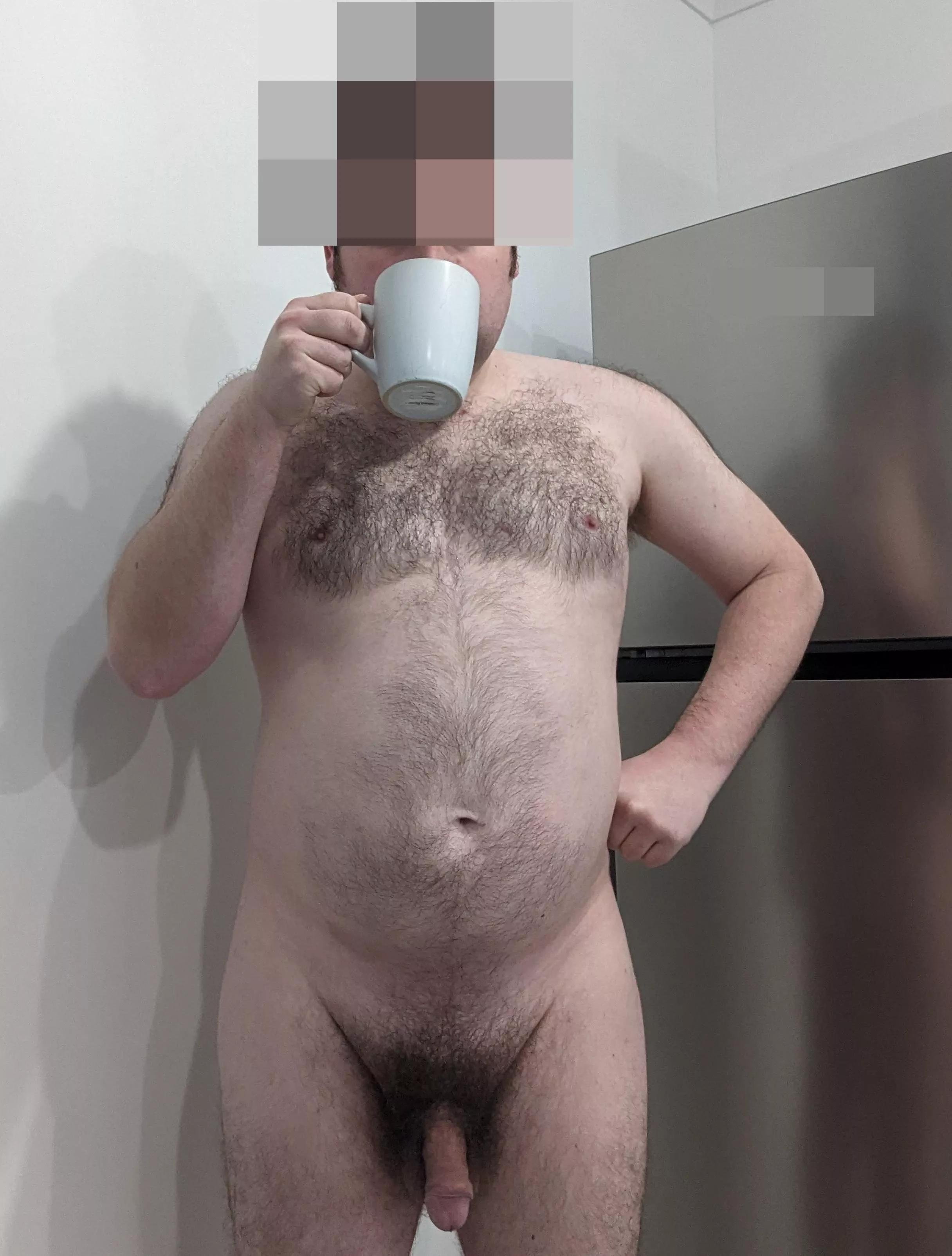 Happy nudist. Nice afternoon tea