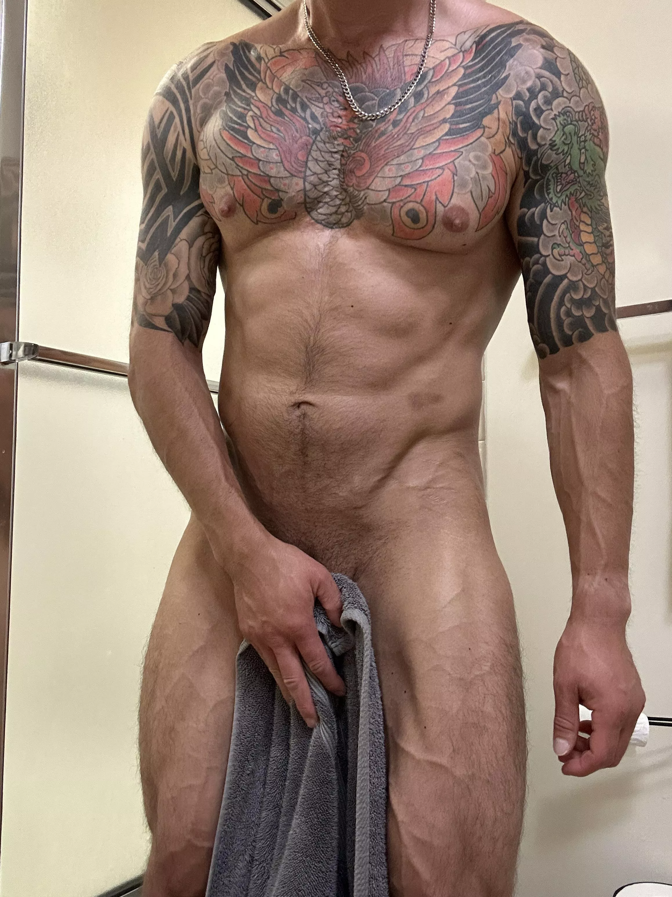 Towel’s keeping it PG, but the post-shower plan? Definitely X-rated