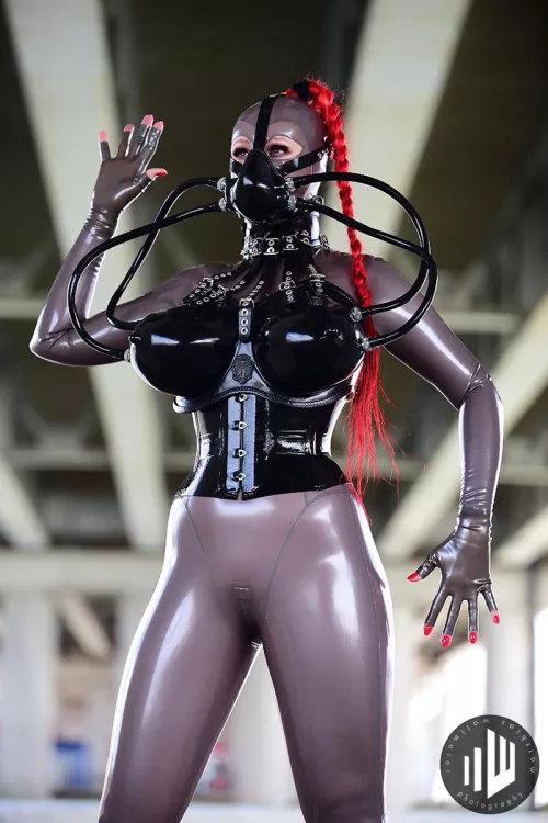 Wearing my new metallic platinum latex catsuit and matching hood for the first time.