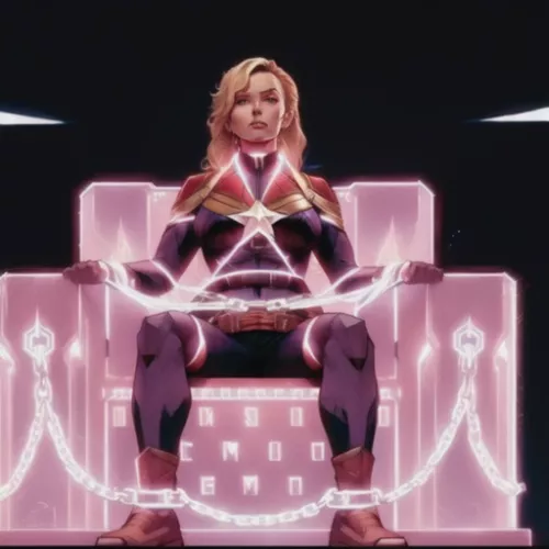 Captain Marvel tied up in magical chain.