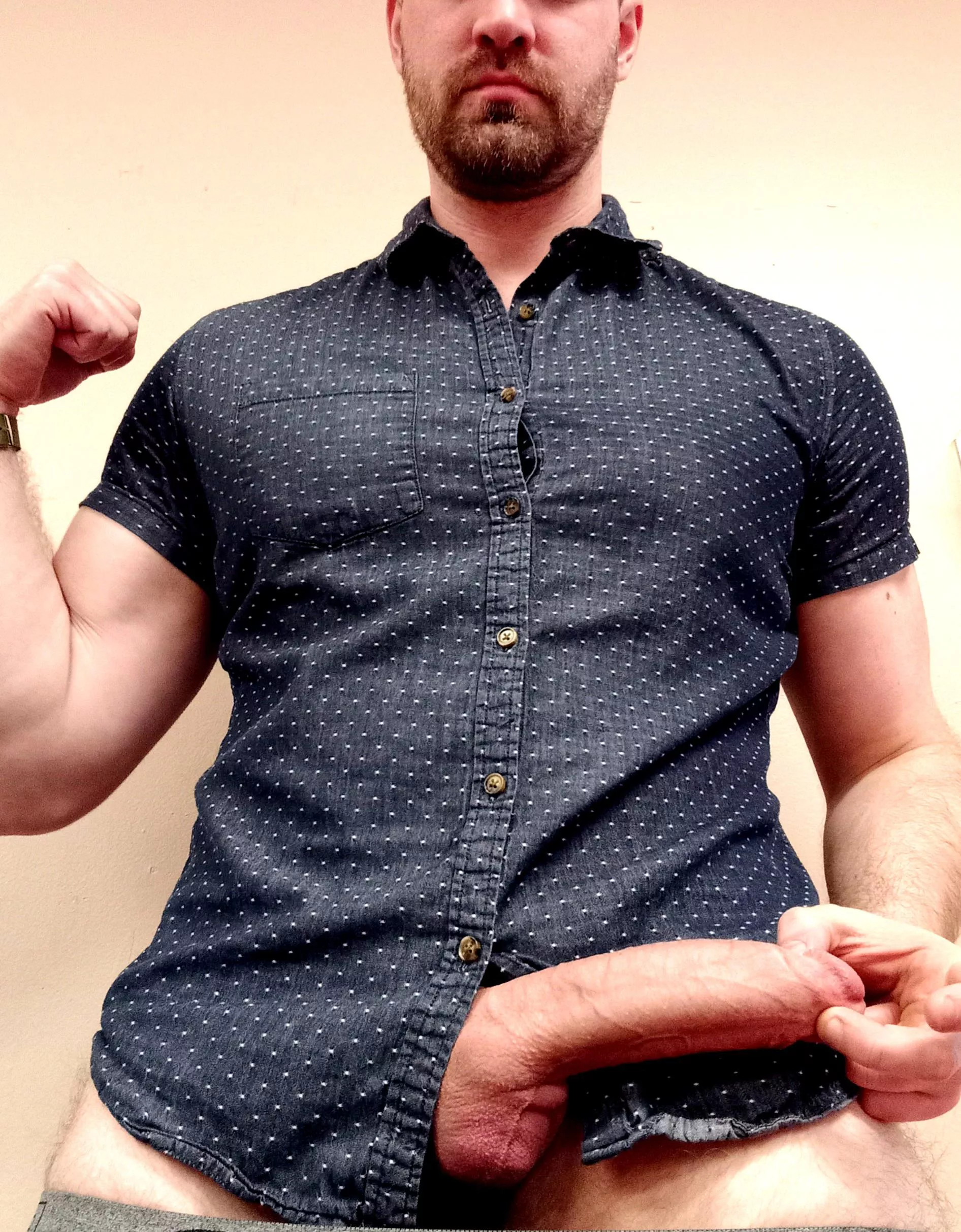 Thick arms, thick chest, massive thick cock. Fool around with me at work?