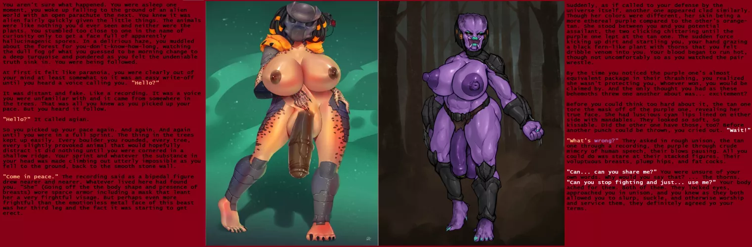Yautja cat fight (Chasing) (Predator (series)) (Hunting) (Aphrodisiac) (Good ending) (Ambiguous gender) (art by galaxxxart and rampage0118) (Inspiration credit to u/Oceanman06)