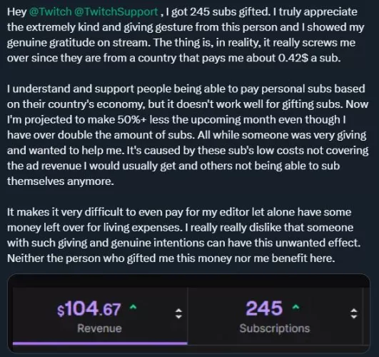Gifting region based sub costs significantly lowering income [Repost without link]