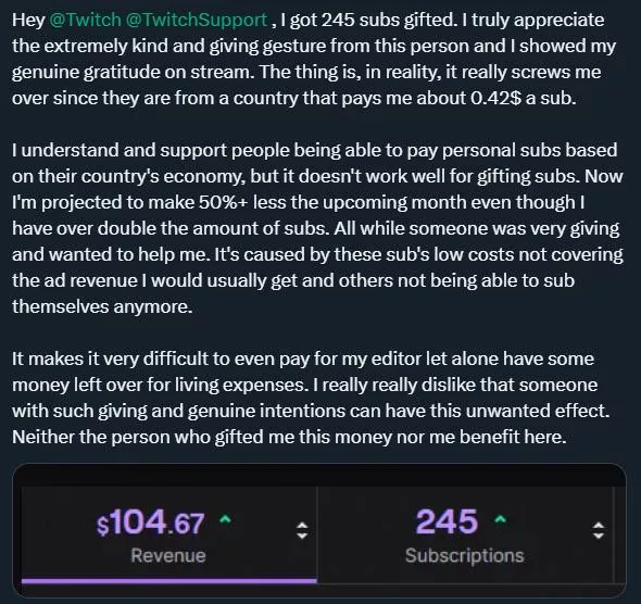 Gifting region based sub costs significantly lowering income [Repost without link]