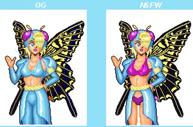 shop fairy from the neo geo game BLUE'S JOURNEY (OG VS MY NSFW EDITION)