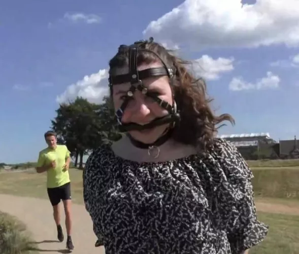 Mia walking in harness gagged public!
