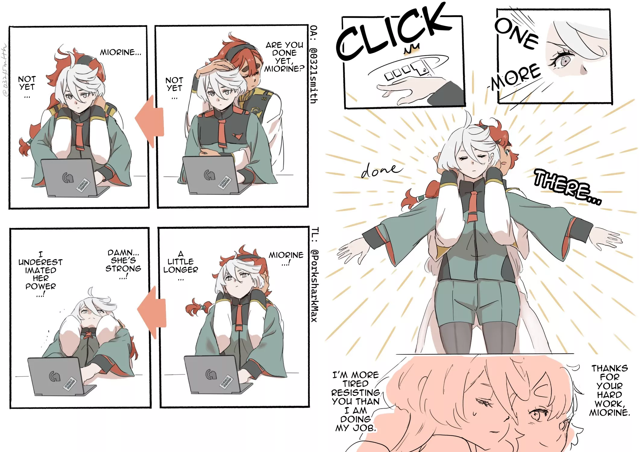 Suletta Hugs Miorine While She's Working by 0321smith (TL by @PorksharkMax) [Mobile Suit Gundam]