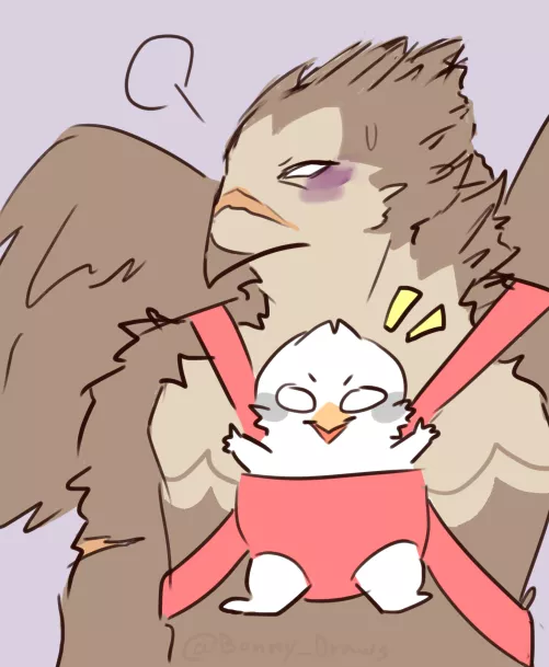 (Art by me) Tired father with infant daughter. Fanart of pegu2726's comic series