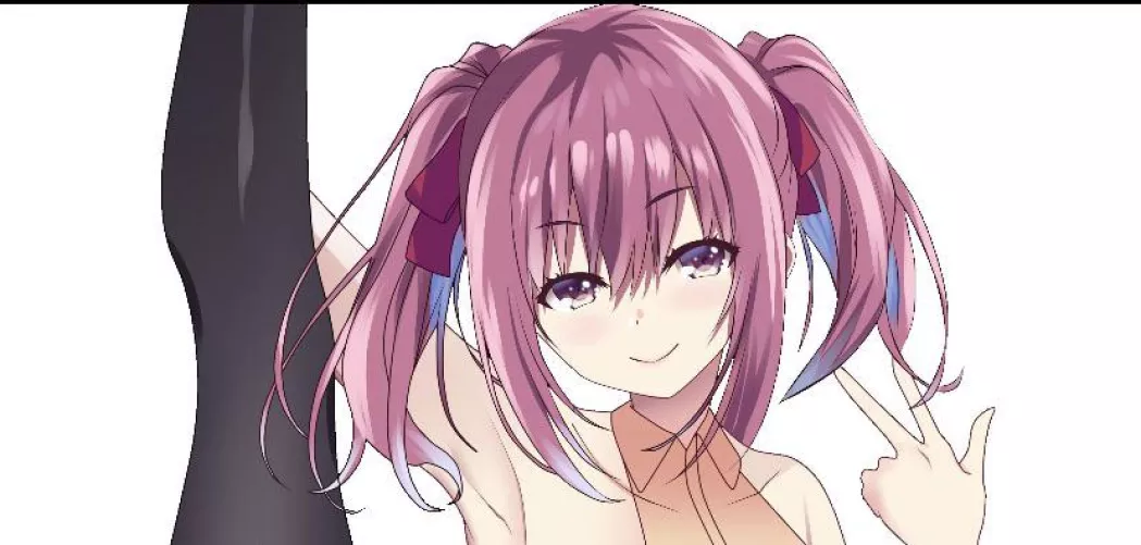 Color: leg hold pose, Ichika Amasawa, smug smile, red ribbons, pink hair, pink eyes, twin tails, beige suit, holding up 3 fingers, white background, incomplete image