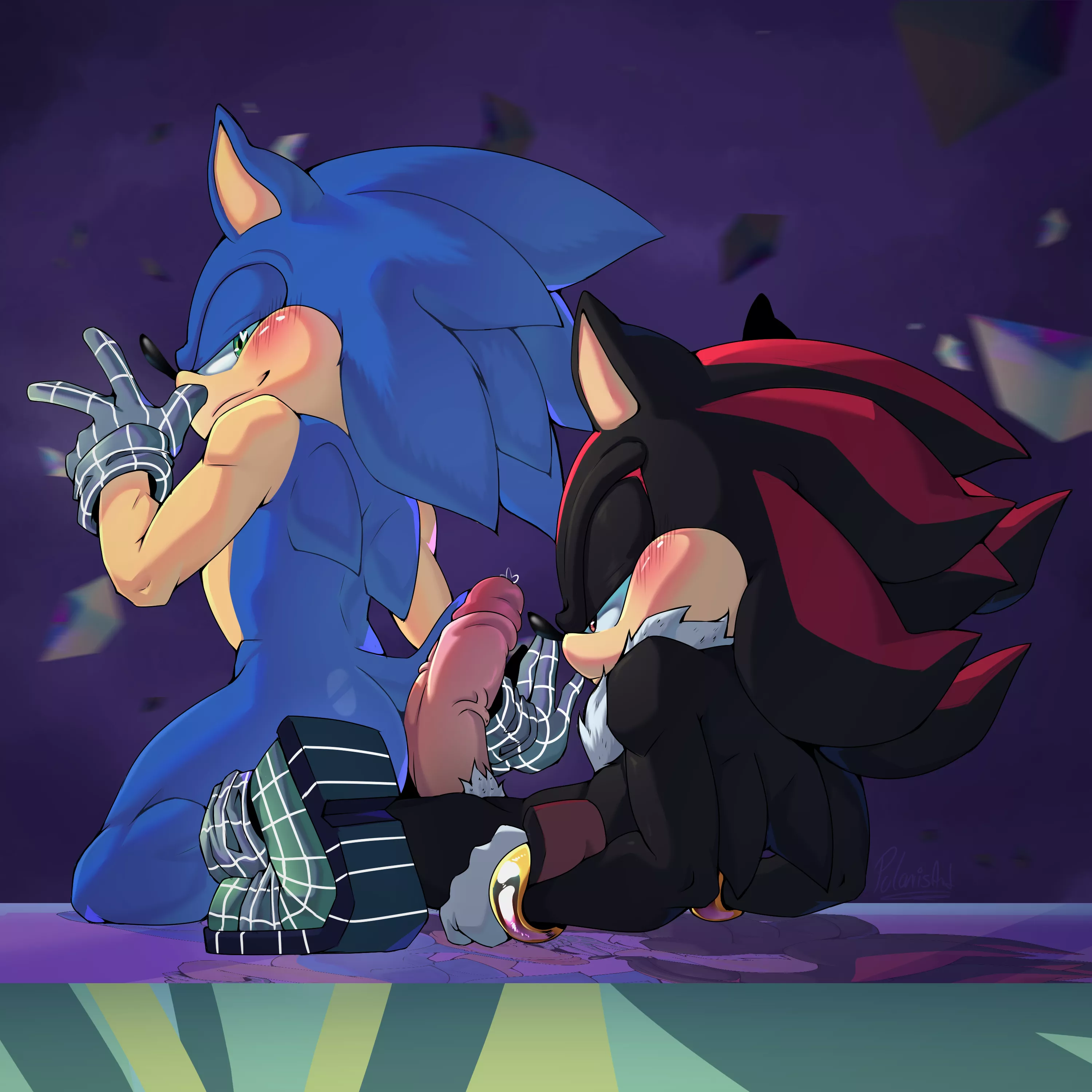 I think sonic got a little too excited when he saw shadow (Artist:PolaristArt)