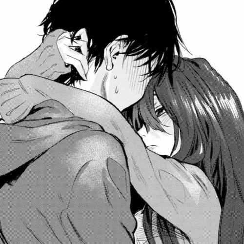 LF Mono Source: 1girl, 1boy, black hair, brown hair, hoodie, sweater, long sleeves, blush, sweatdrop, hug, looking at another, hair between eyes, eyes covering through hair, hands in another's hair