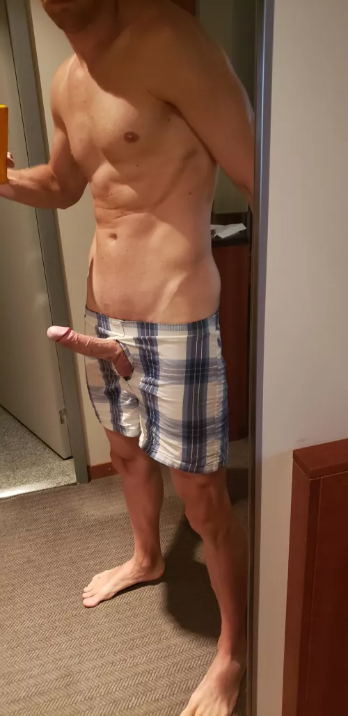 Oops unintentional sticking out morning wood through the open fly of my fav boxers