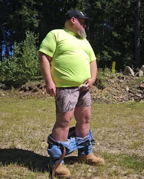 Outdoors and noone else around, jeans and workboots but gettin hot. u can get comfortable too [46]