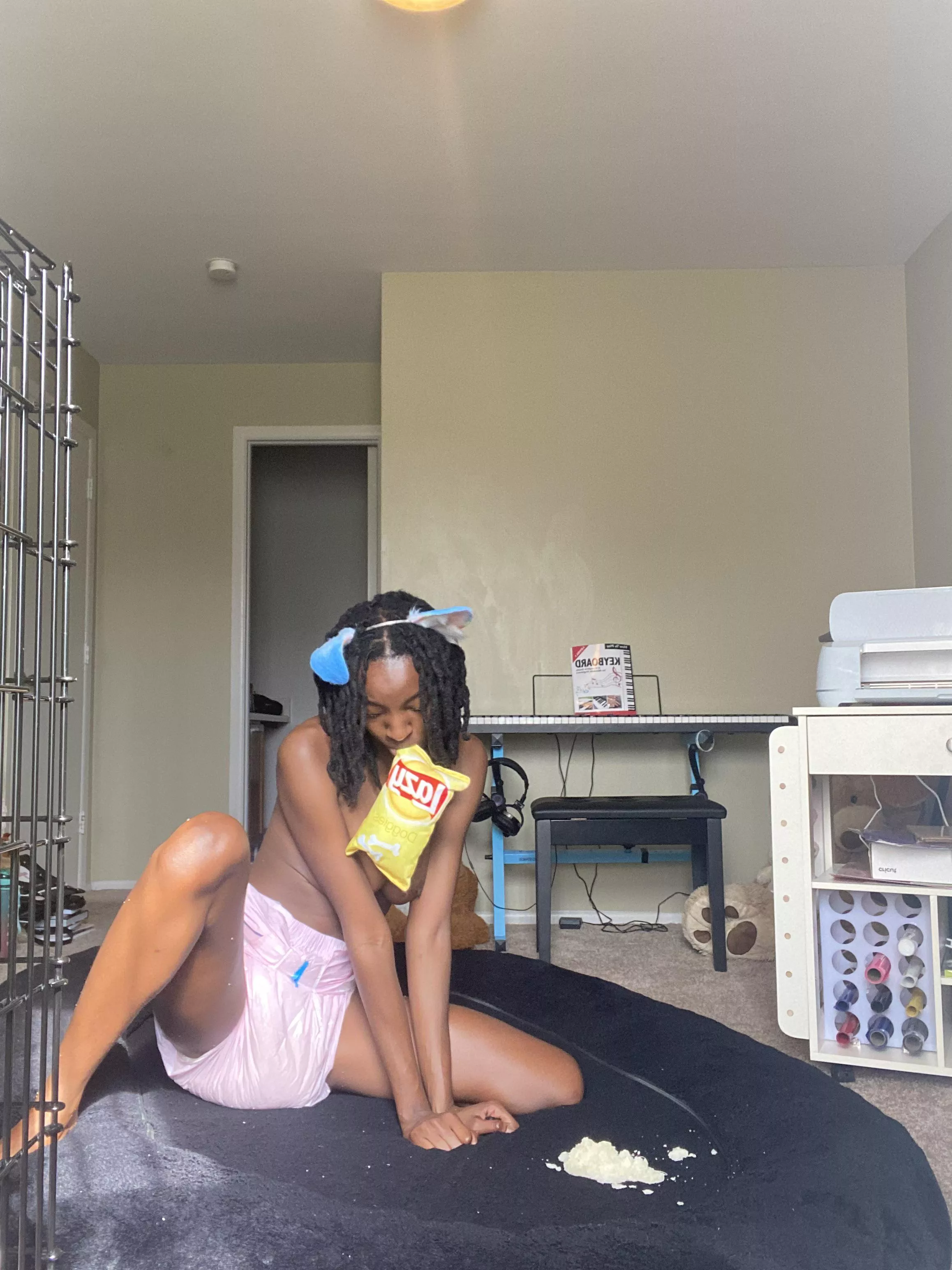 Works of a lazy diapered pup…..