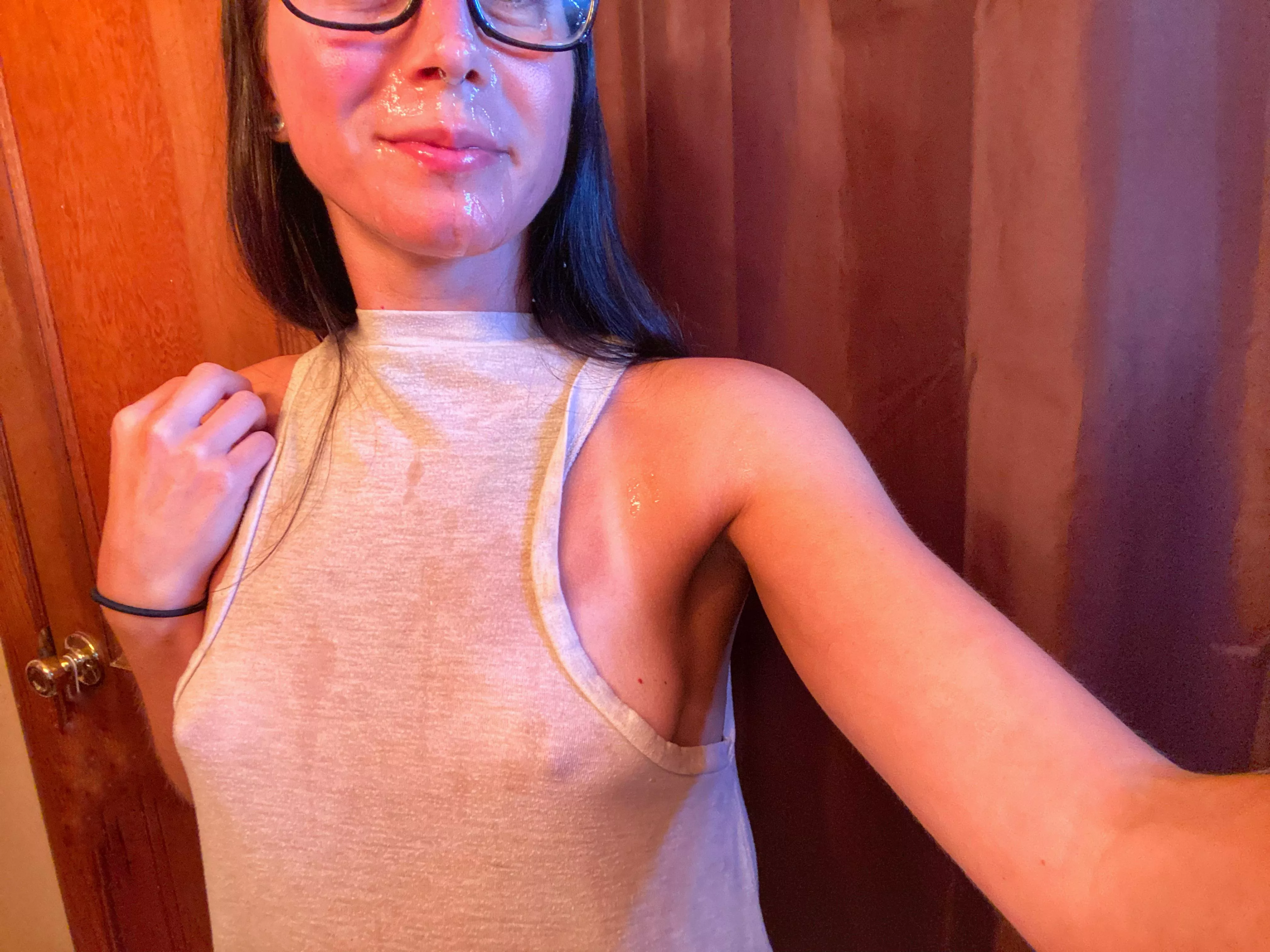 Face and top covered after giving him a hand in the shower