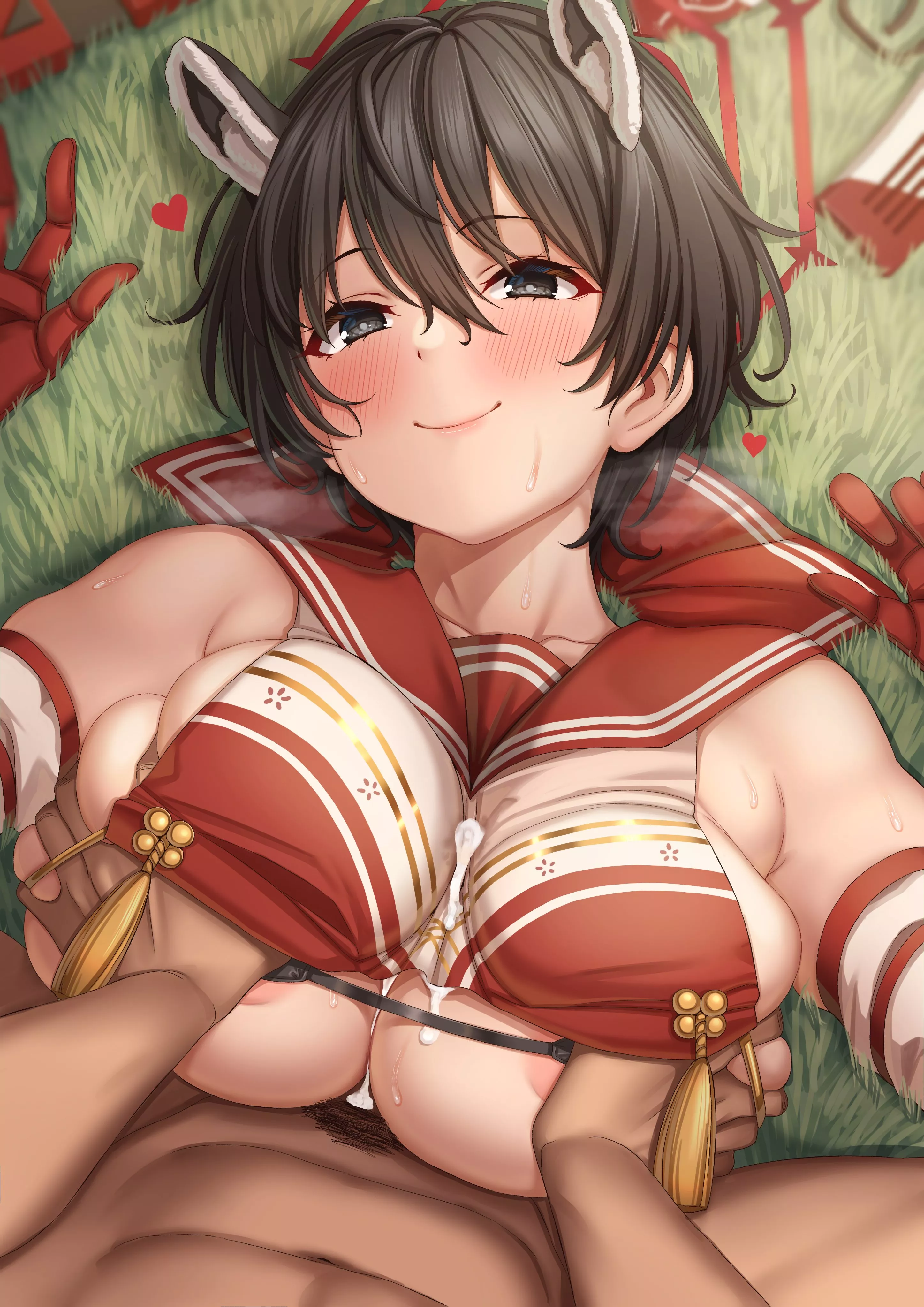 Kasuga Tsubaki Smiling After Squeezed Out of All Sensei's Cum with her Bosomy Tits [Blue Archive] (Momo no Sukebe)