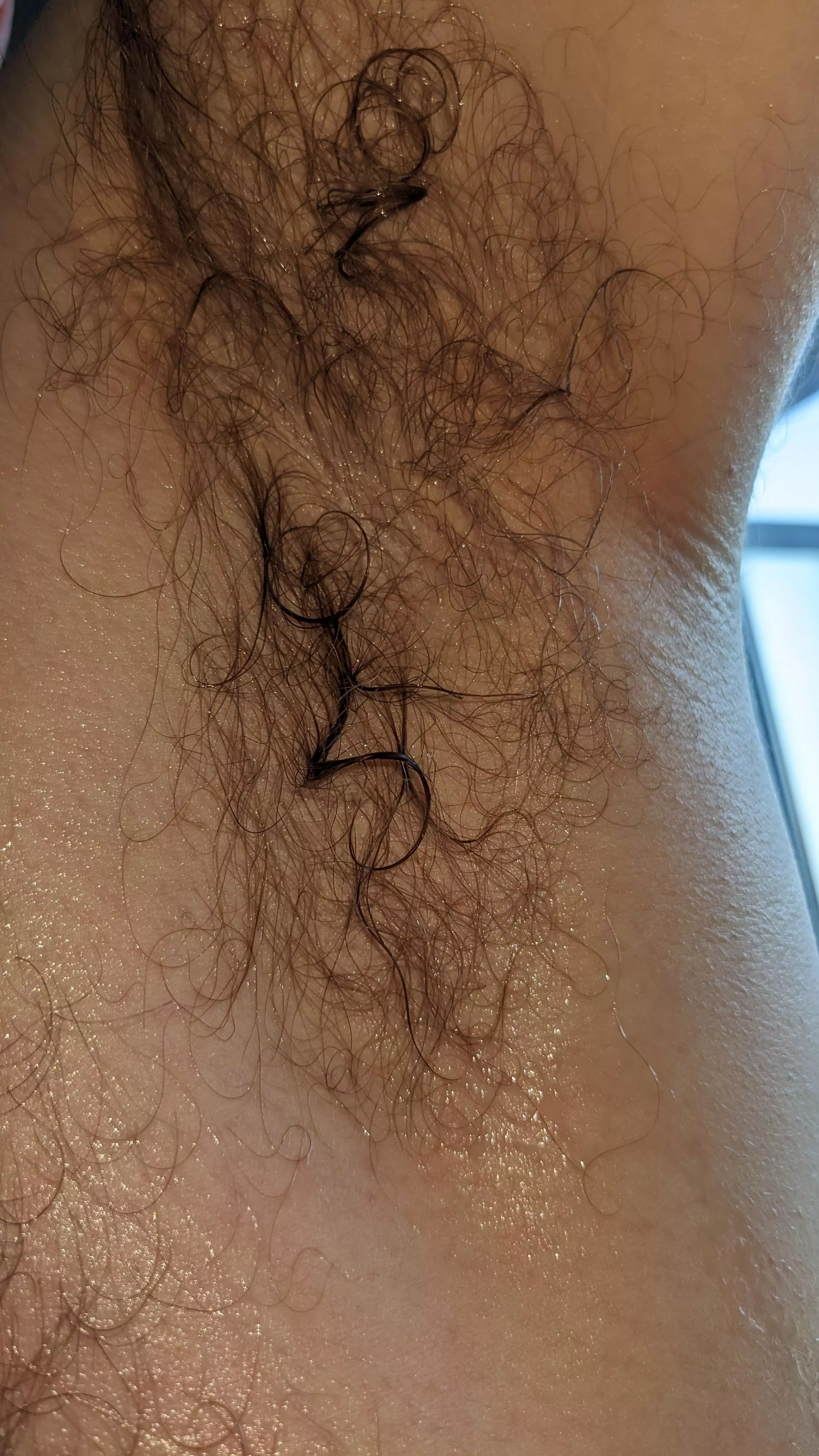 My absolutely dripping deodorant-free, hairy pit after a jog and a workout. Who wants a whiff?