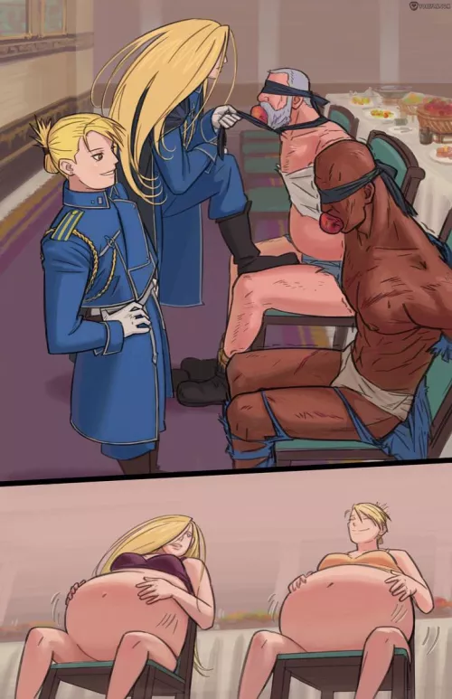 {Image} Unwilling Dinner Guests (Arieta) [oral vore, male prey, multiple pred, belly expansion, vore belly]