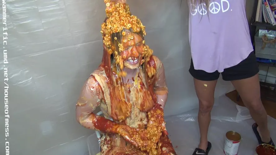 Dixie getting a HUGE amount of spaghetti-os dumped on her