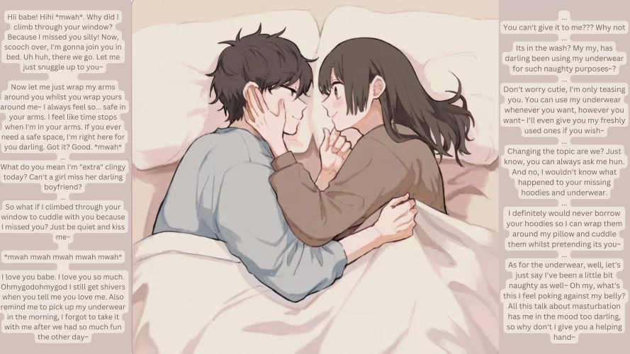 Slightly yandere girlfriend wants more than cuddles! (yandere) (cuddling) (loving) (implied handjob)