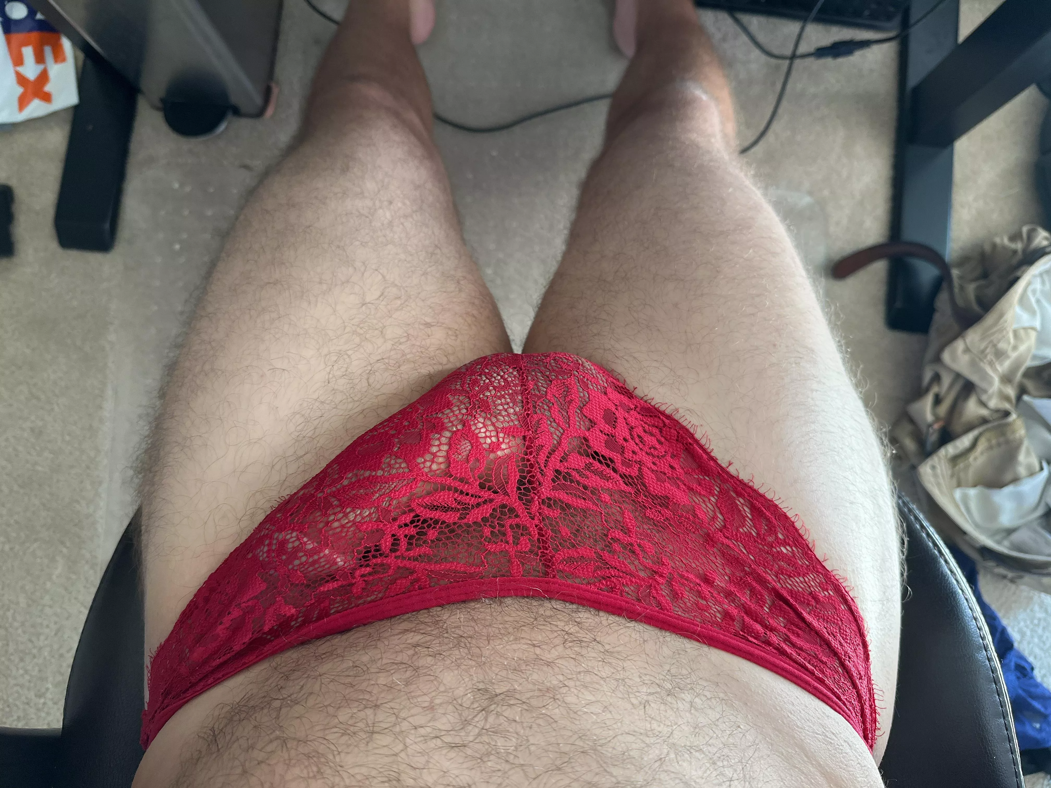 Wearing my wife's panties and very hard.