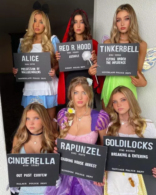 #1 Alice, #2 Red R. Hood, #3 Tinkerbell, #4 Cinderella, #5 Rapunzel, #6 Goldilocks.